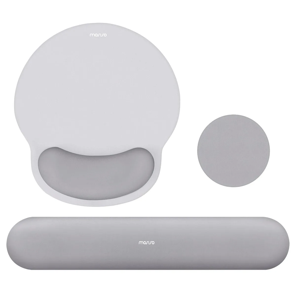 Gray curved wrist rest set with circular mouse pad and rectangular keyboard pad, soft cloth surface, non-slip silicone base