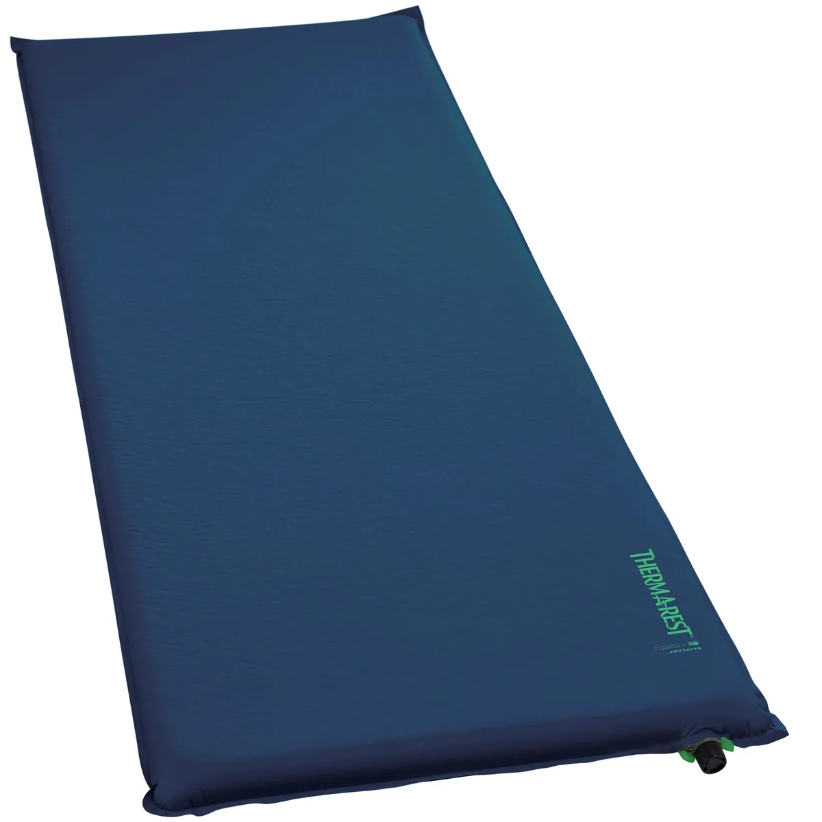 Rectangular Poseidon Blue self-inflating foam sleeping pad, 25 by 77 inches, rolled in stuff sack