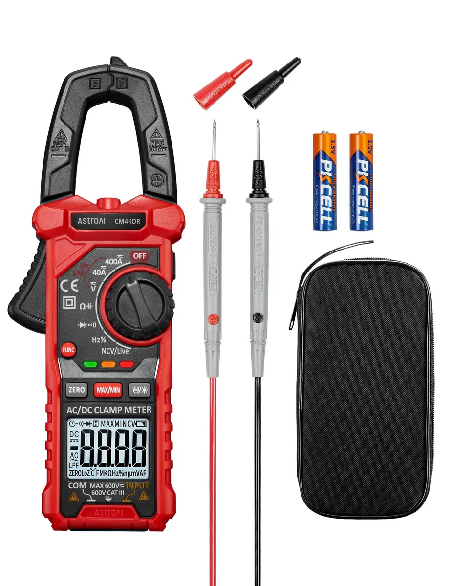 Black digital clamp meter with LCD display and jaw opening