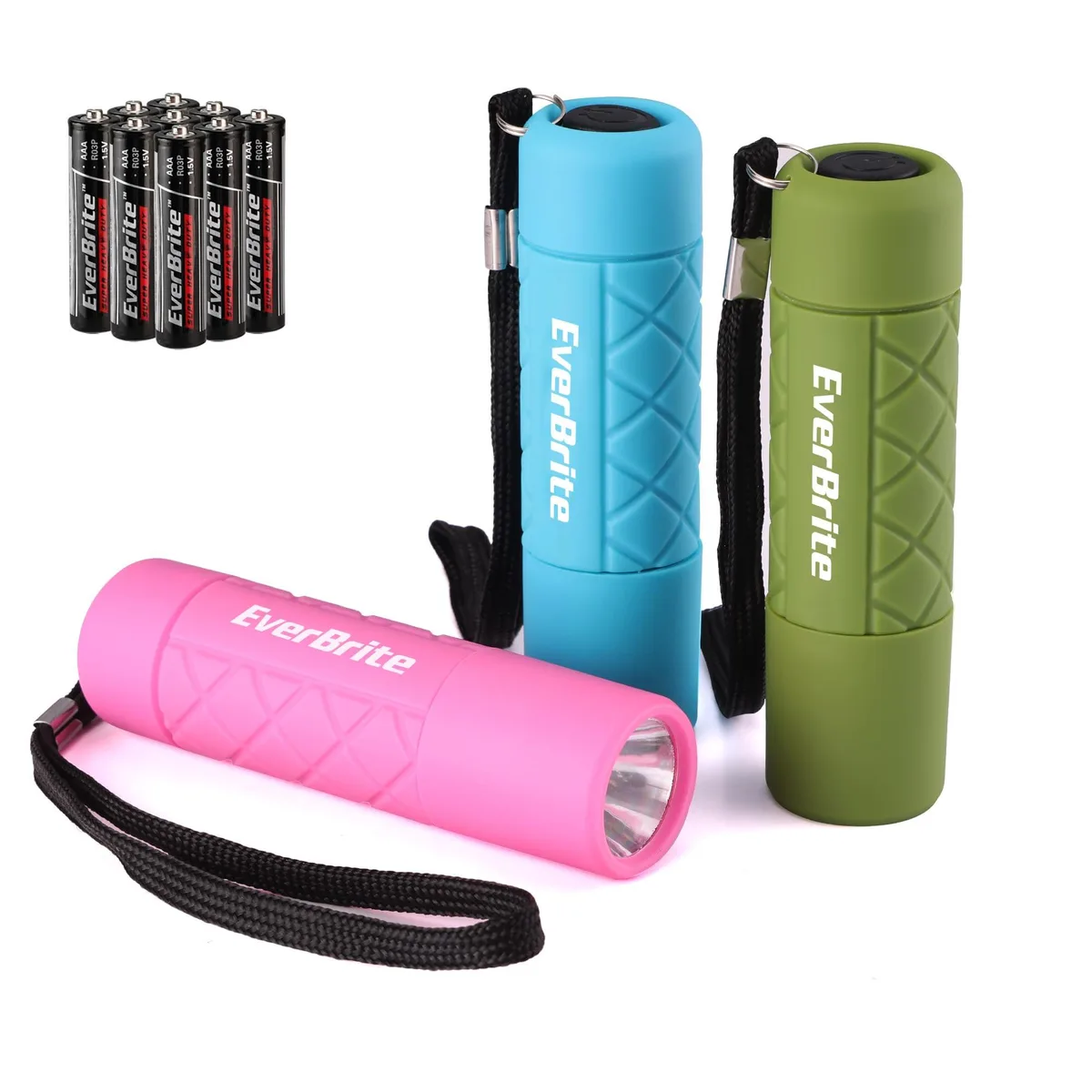 Three small coloured flashlights with lanyards and AAA batteries