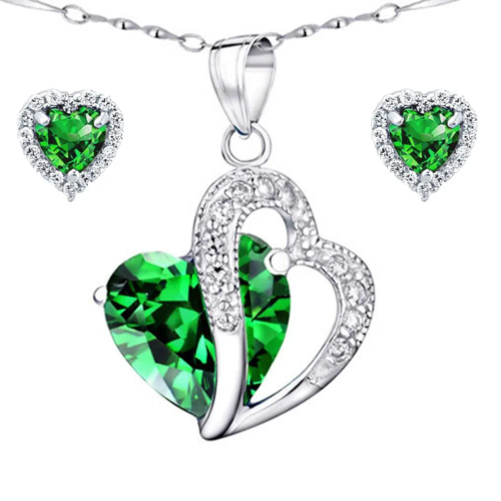 Mabella Fashion Mabella Fashion Double Heart Simulated Emerald Pendant Necklace Stud Earrings Sterling Silver 18 in — product photo