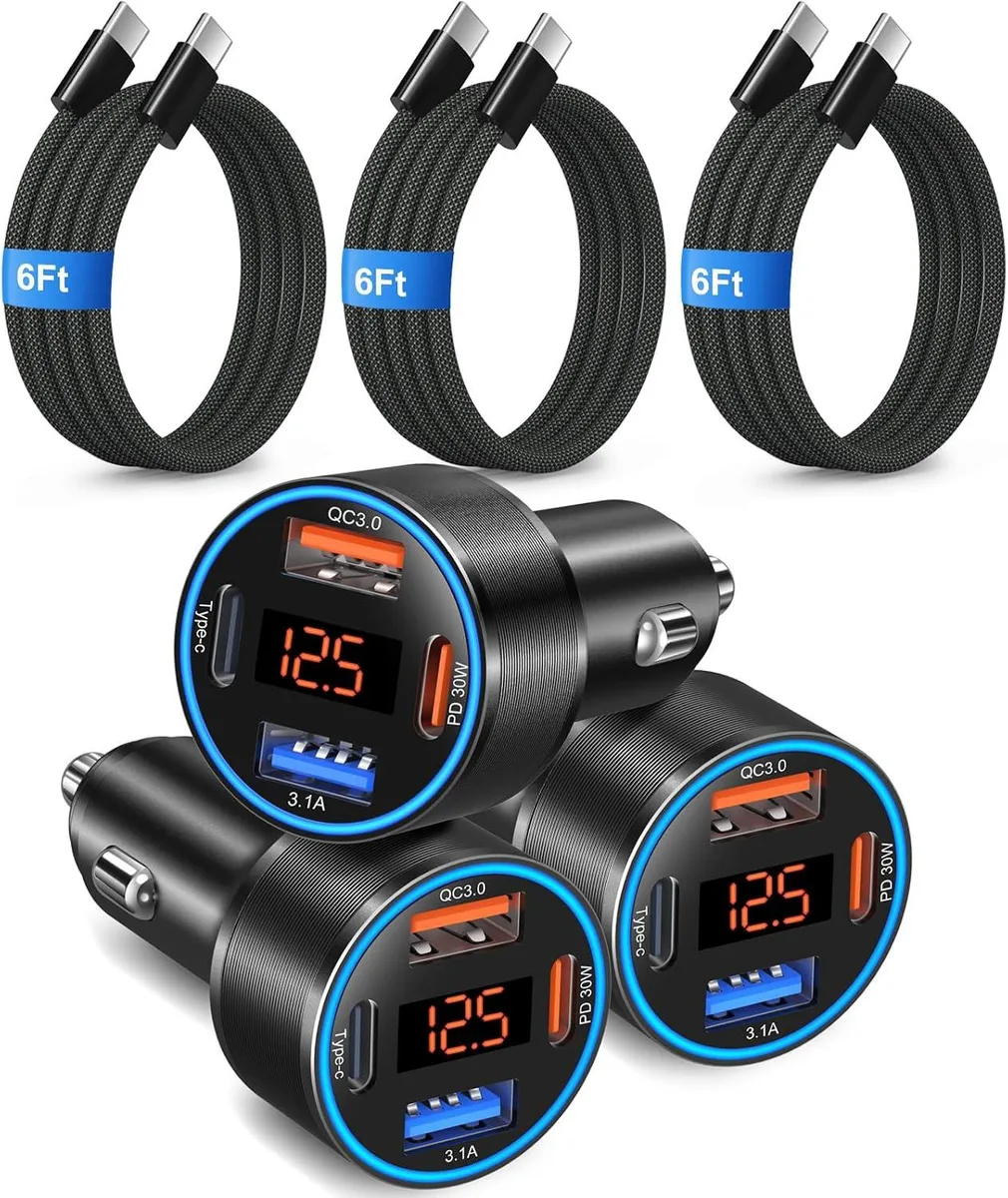 Hamzan Hamzan 65W 4-Port USB-C Car Charger 3 Pack with 6FT Cable — product photo