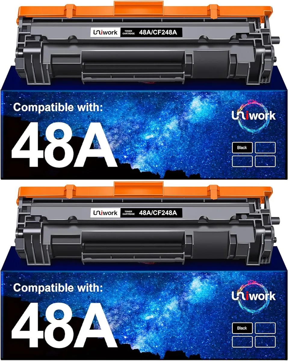 Two black rectangular toner cartridges side by side