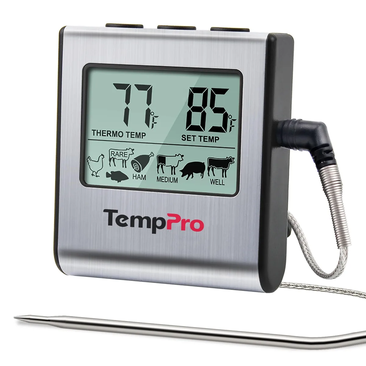 Light silver digital thermometer with large LCD display and stainless steel probe on 40 inch cable