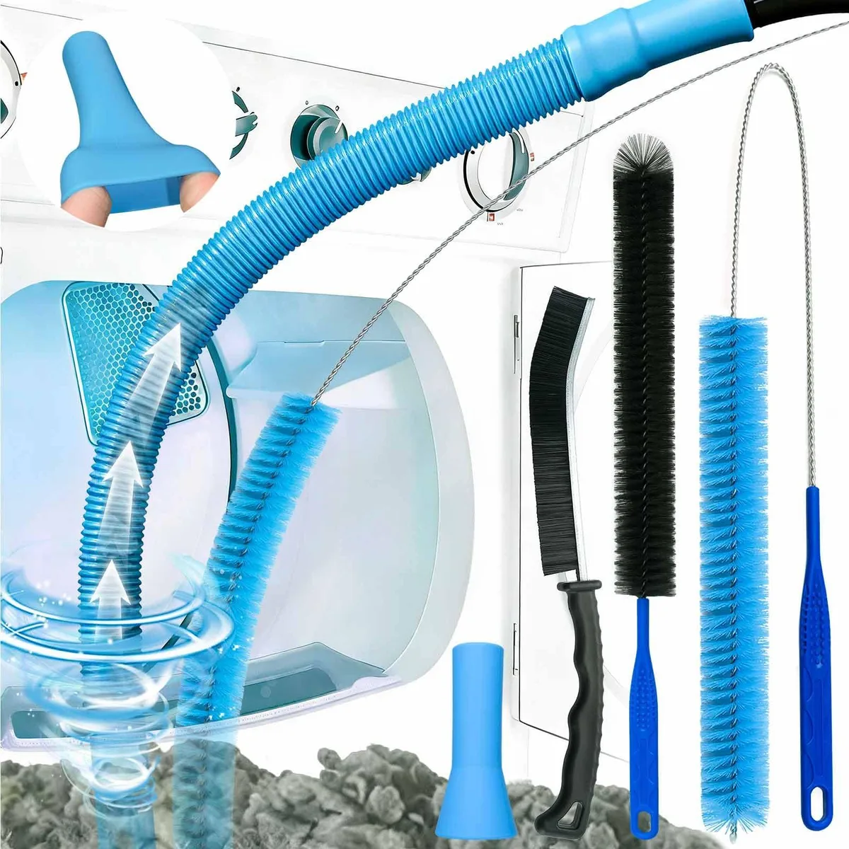 Black 5-piece dryer vent cleaning kit with flexible brush, lint trap tool, vacuum attachment and extendable rods