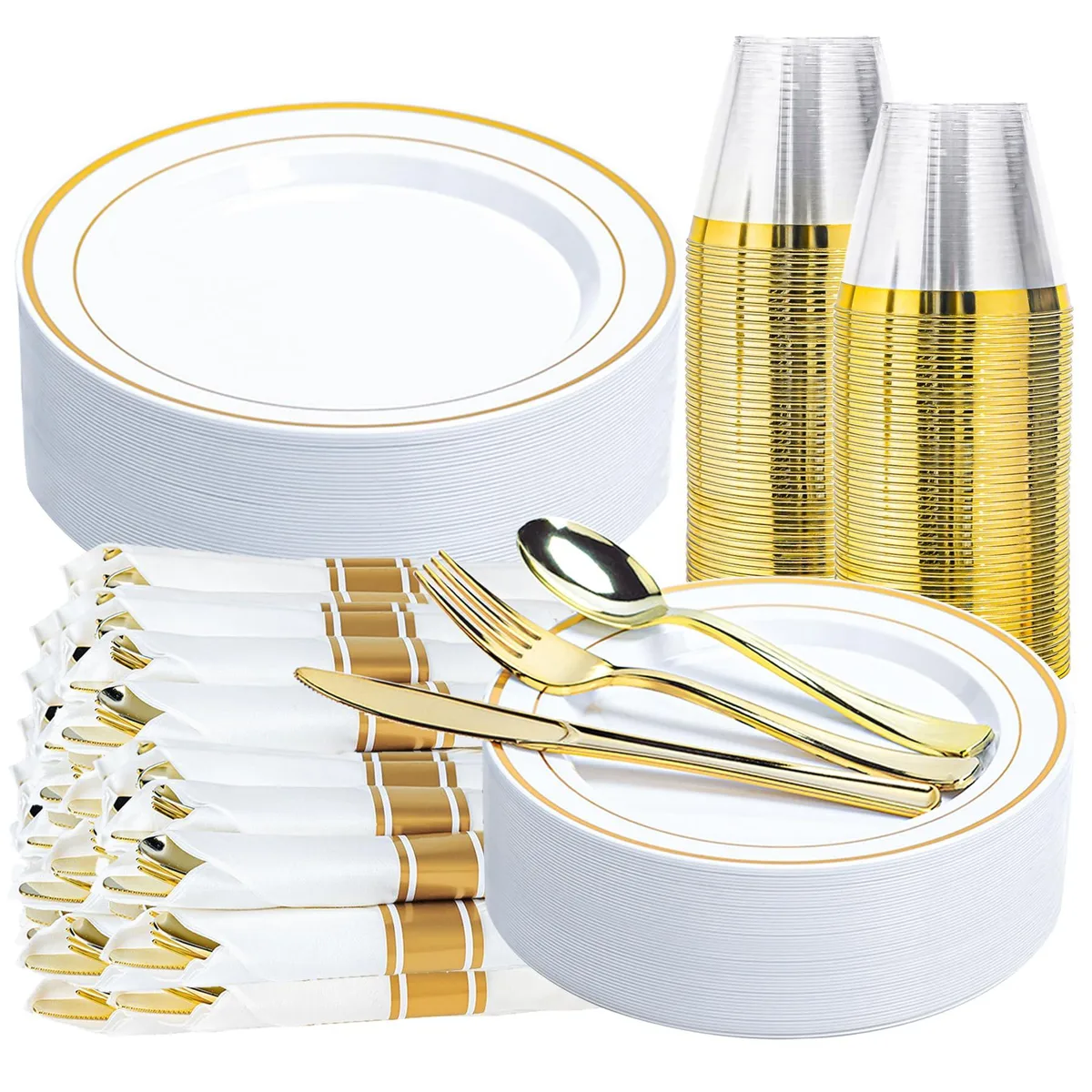 Pryntono 175 PCS White Gold Plastic Dinnerware Set 25 Guests — product photo