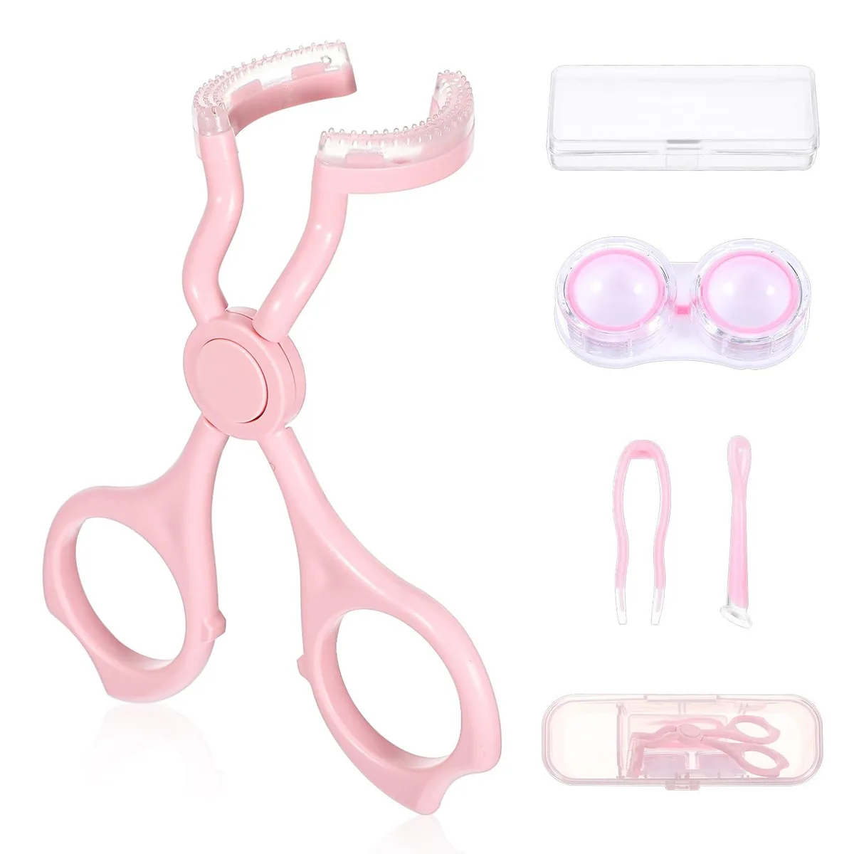 Pink transparent contact lens applicator kit with case tweezers remover and eye opener in storage box