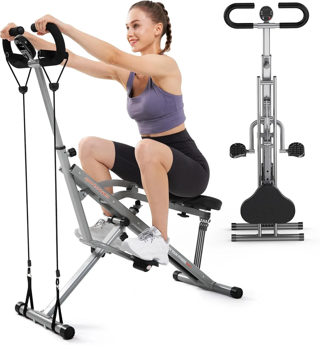 Foldable squat machine with seat, handlebars and four resistance bands, grey steel frame
