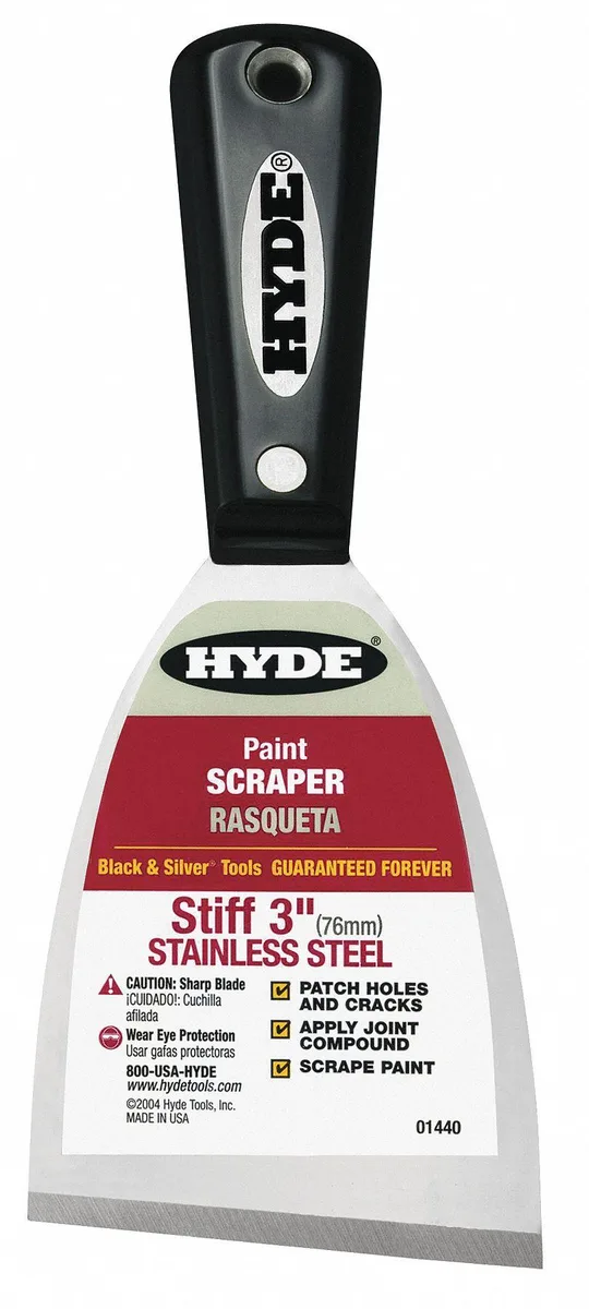 Hyde stiff putty knife with 3 inch stainless steel blade and black nylon handle