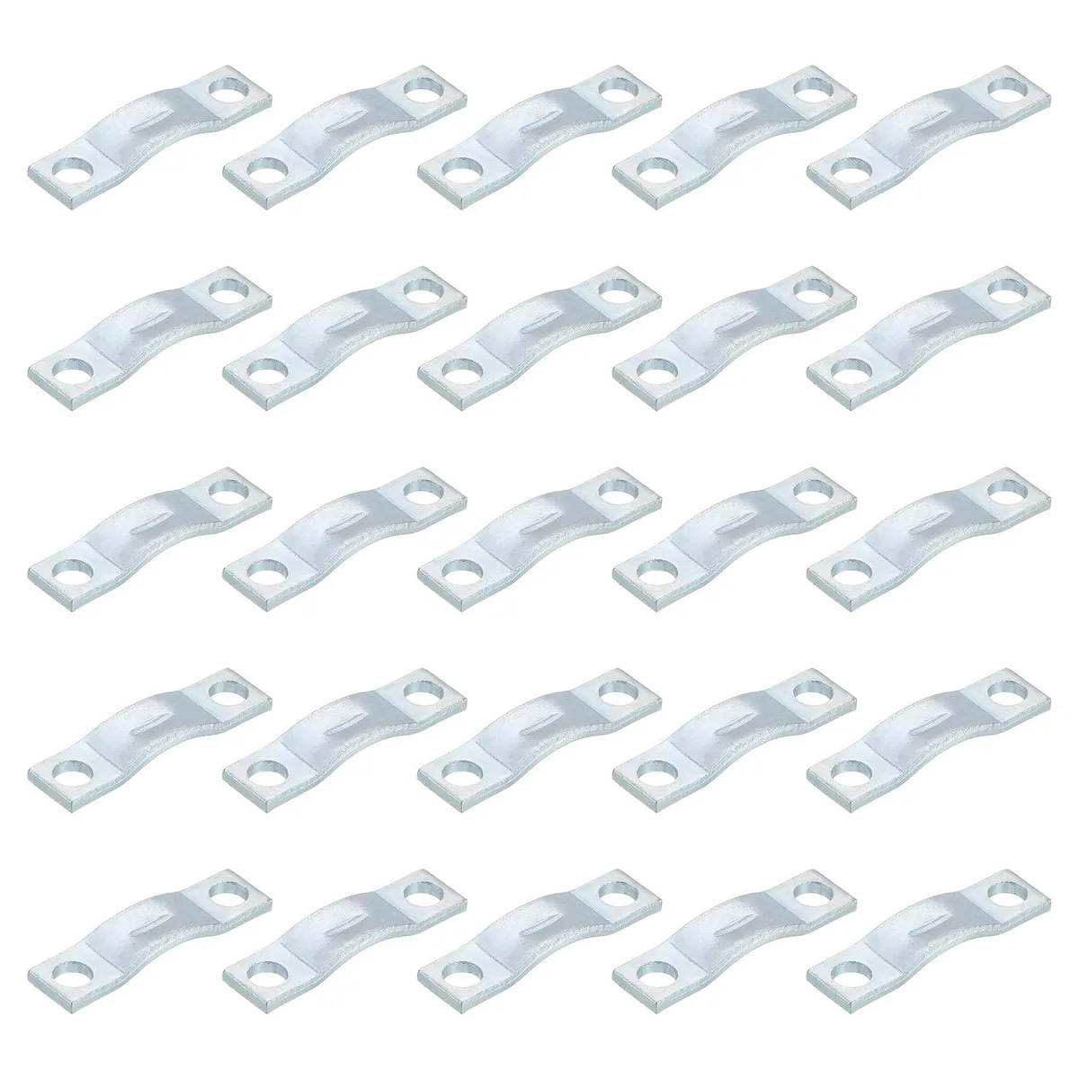 Twenty-five silver U-shaped stainless-steel pipe clamps with two mounting holes each