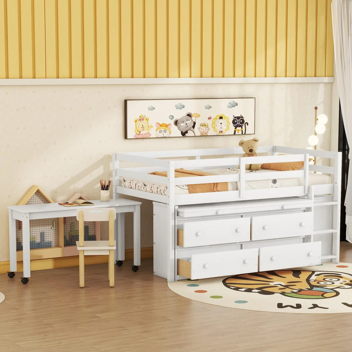 White twin loft bed with retractable desk, four front drawers, side shelves, guardrails, solid pine and MDF construction