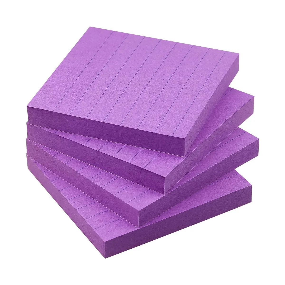 Four square purple pads of lined sticky notes, three inches each side