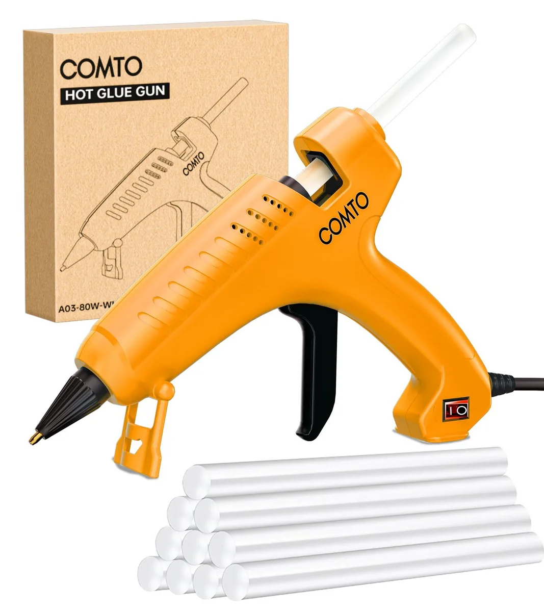 Yellow full-size hot glue gun with cord and ten 11 mm glue sticks