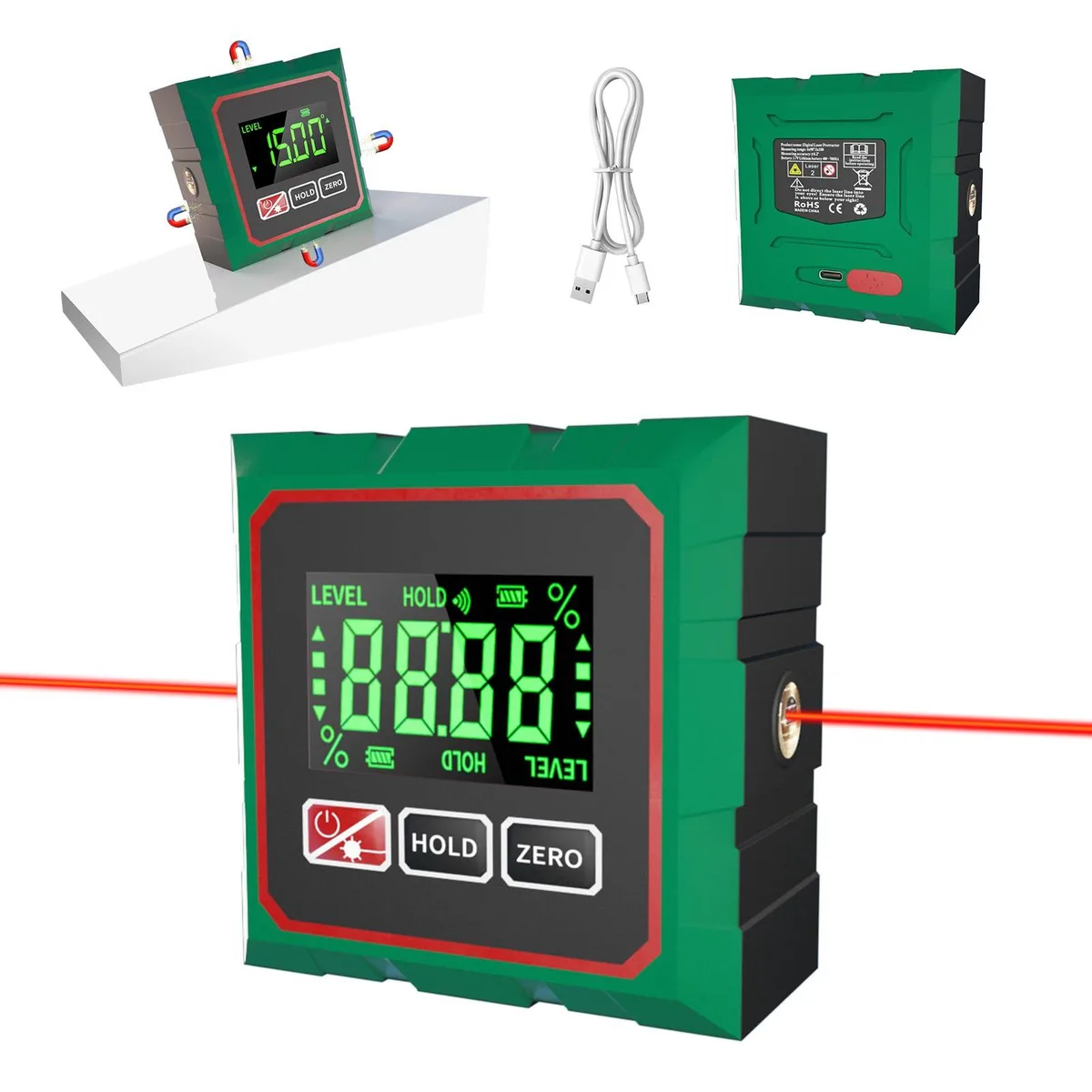 Small 62mm magnetic cube digital angle finder with laser and backlit display
