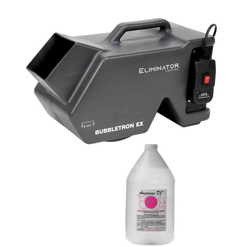 Compact black bubble machine with front fluid tank, carry handle and wired remote coiled beside it