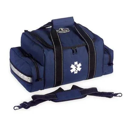 Blue polyester duffel tool bag, 19 by 12 inches, foam-padded interior with removable dividers