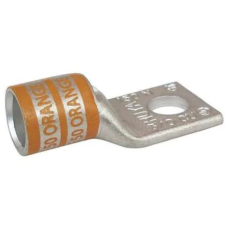 Copper compression lug, orange barrel, single 3/8 inch stud hole, short body