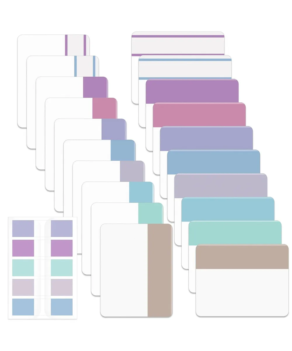 Rectangular box containing 500 multicoloured sticky index tabs in 21 sets