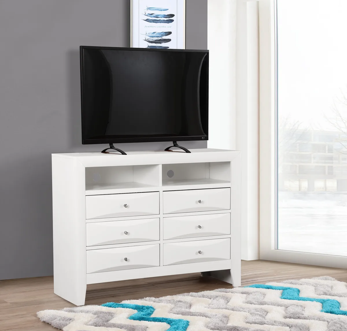 White media chest with beveled drawer fronts and wood veneer finish