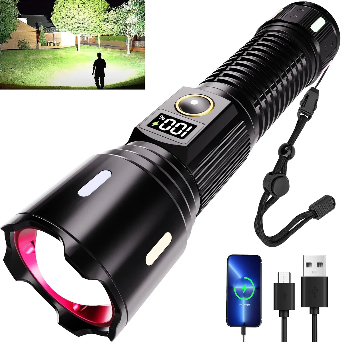 Kaito X725 handheld flashlight, aluminium body, 10 luminous strips, LCD display
