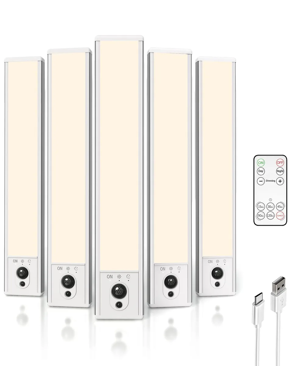 Five slim white LED bars with clear prismatic lenses, magnetic adhesive mounting, and a remote control