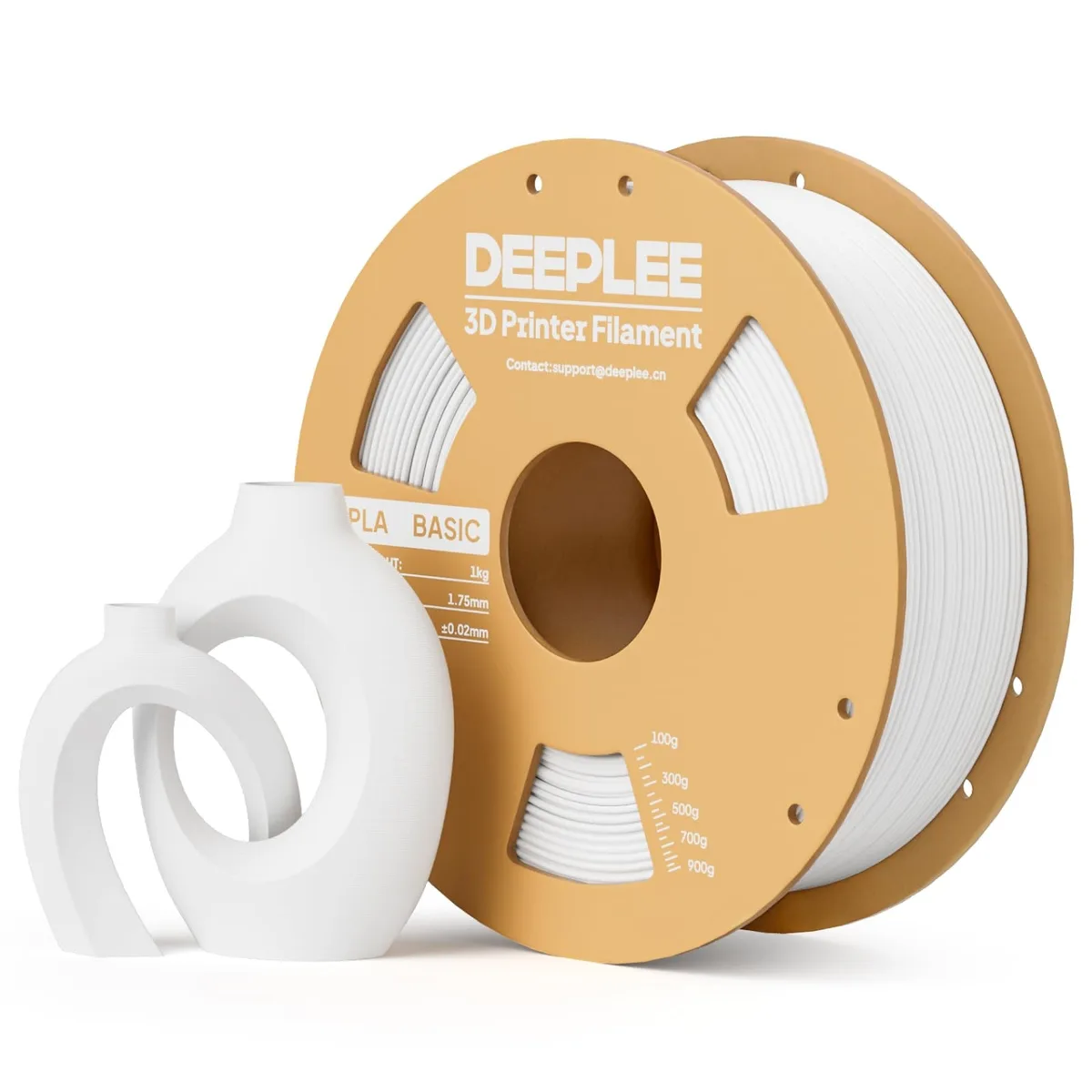 White PLA filament spool, 1.75 mm diameter, neatly wound on plastic reel