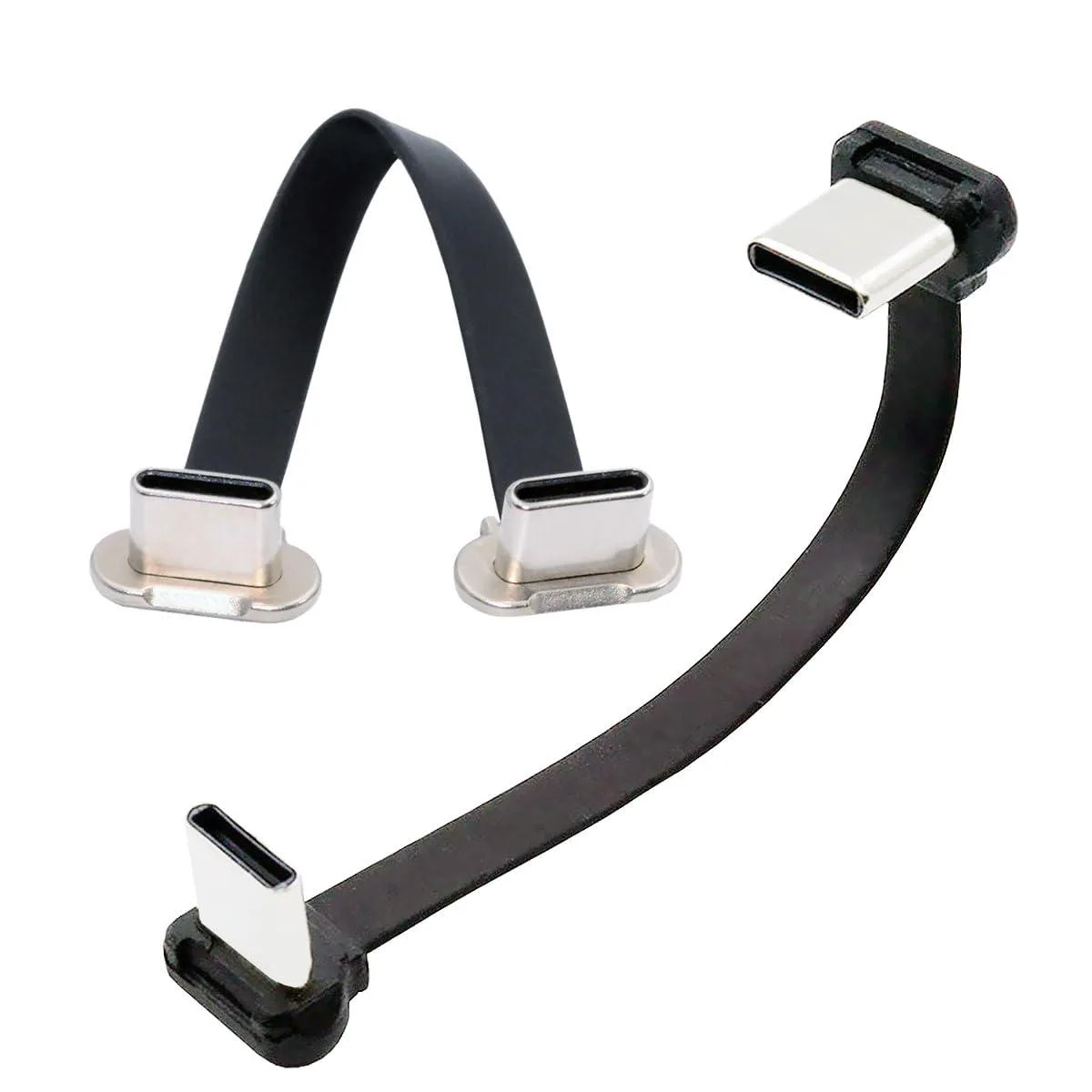 Two black ultra-slim flat USB-C angled cables, 75mm each, alloy connectors