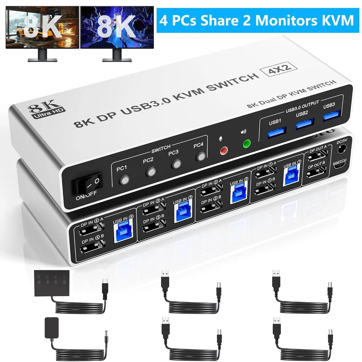 IHDAPP IHDAPP 8K@60Hz DP1.4 KVM Switch 4-Port 2-Monitor 3 USB 3.0 Audio — product photo