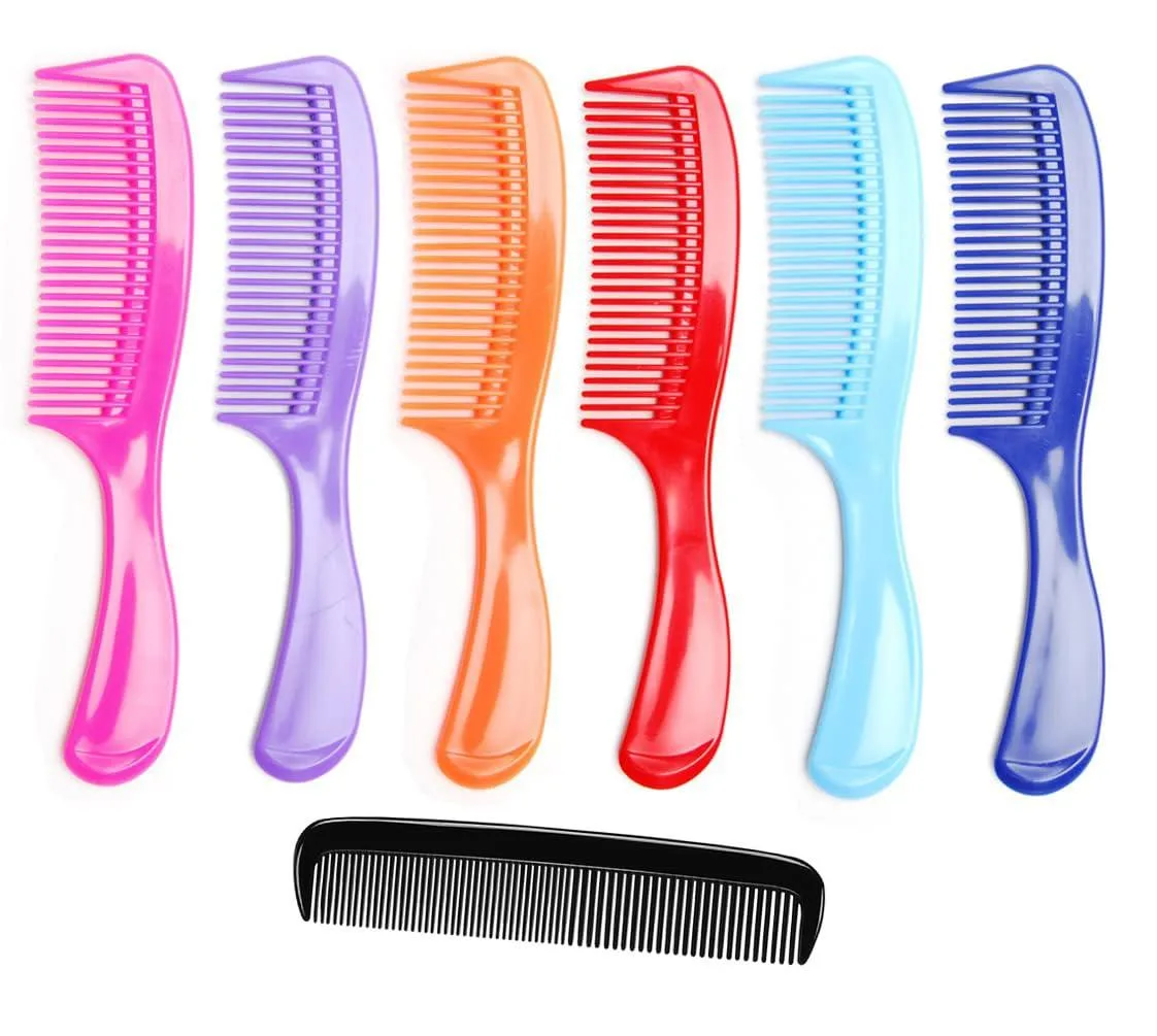 Seven plastic hair combs in assorted colours, six with round handles and one pocket size