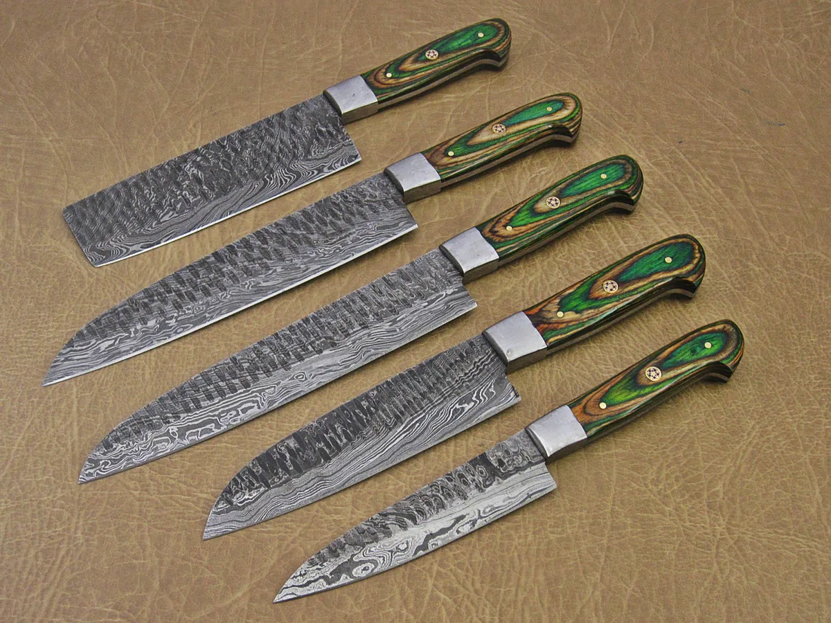 Damascus Depot Damascus Depot 5 Piece Hammered Damascus Fillet Knife Set Green — product photo