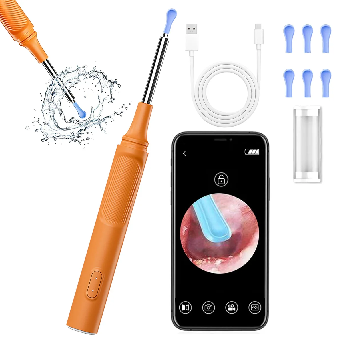 Orange ear-camera wand with six LED lights and silicone tips
