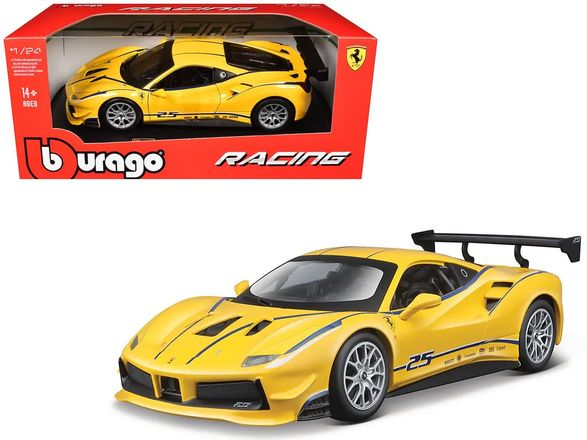BBURAGO BBURAGO Ferrari 488 Challenge #25 Yellow Blue Stripes 1/24 Diecast Vehicle — product photo