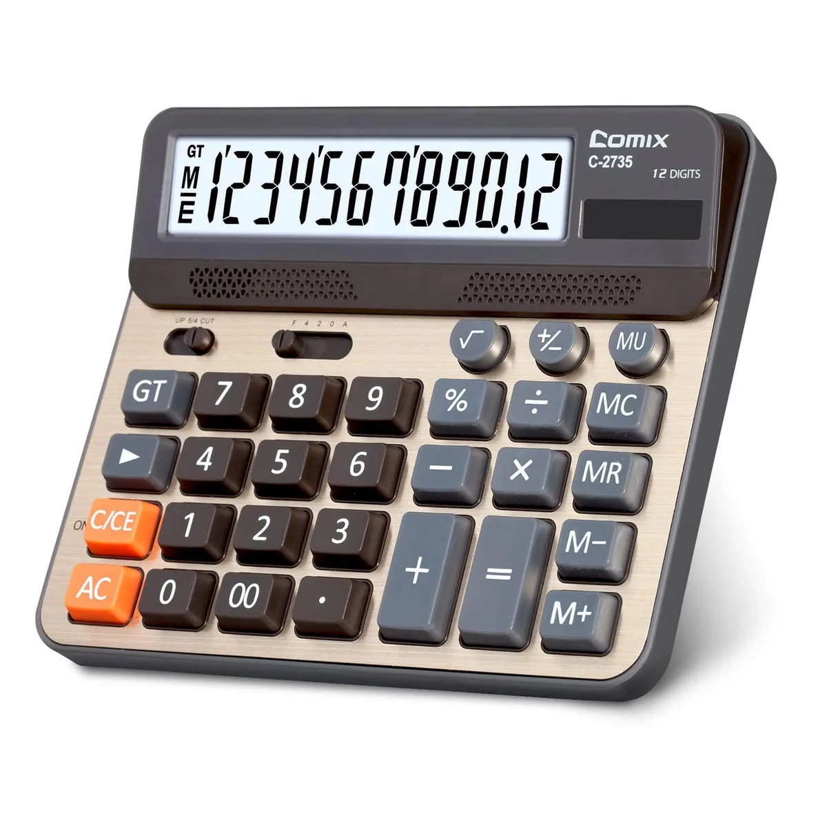 Comix C-2735 desktop calculator, gold metal finish, 12-digit LCD, 7.2 by 6.2 by 1.8 inches