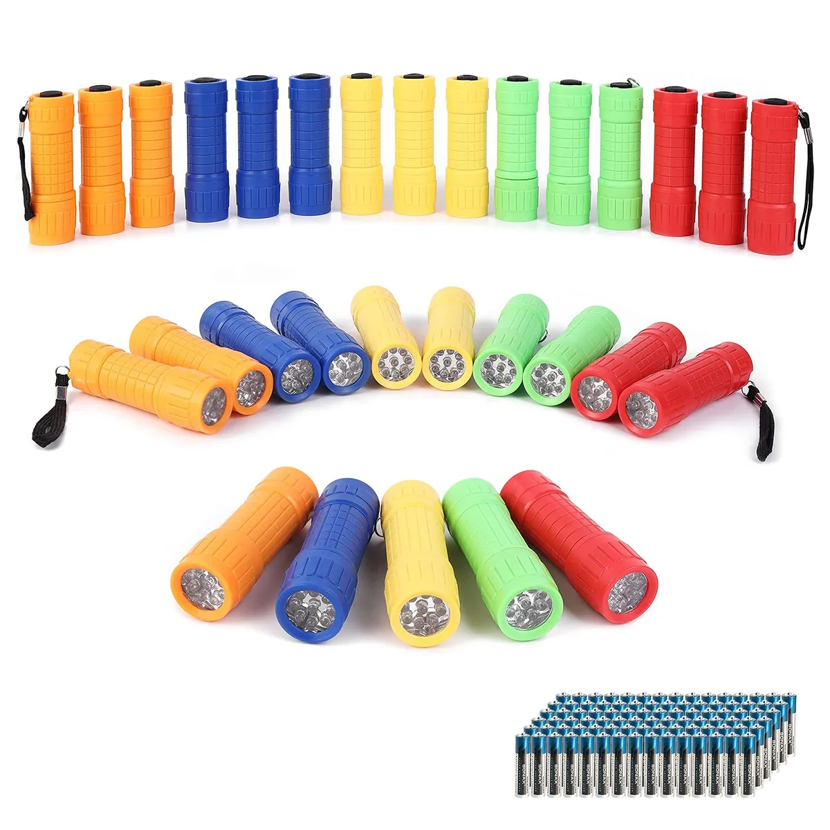 Thirty small flashlights in five colours with lanyards and ninety AAA batteries