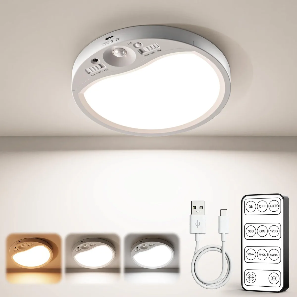 White 7-inch slim flush-mount ceiling light with clear prismatic acrylic diffuser and remote control