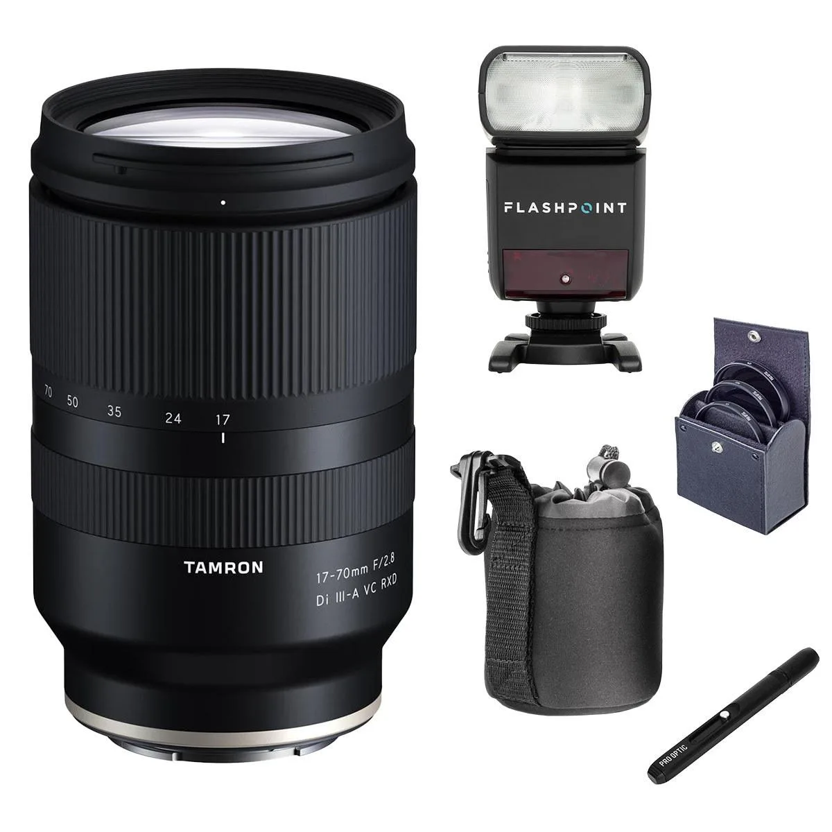 Tamron Tamron 17-70mm f/2.8 Di III-A VC RXD Sony E Bundle with Flashpoint Zoom-Mini TTL R2 Flash 67mm Filter Kit — product photo