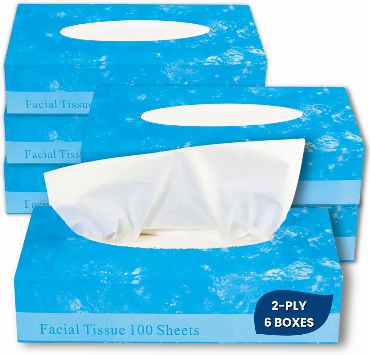 Flat white box of 2-ply facial tissue, 100 sheets