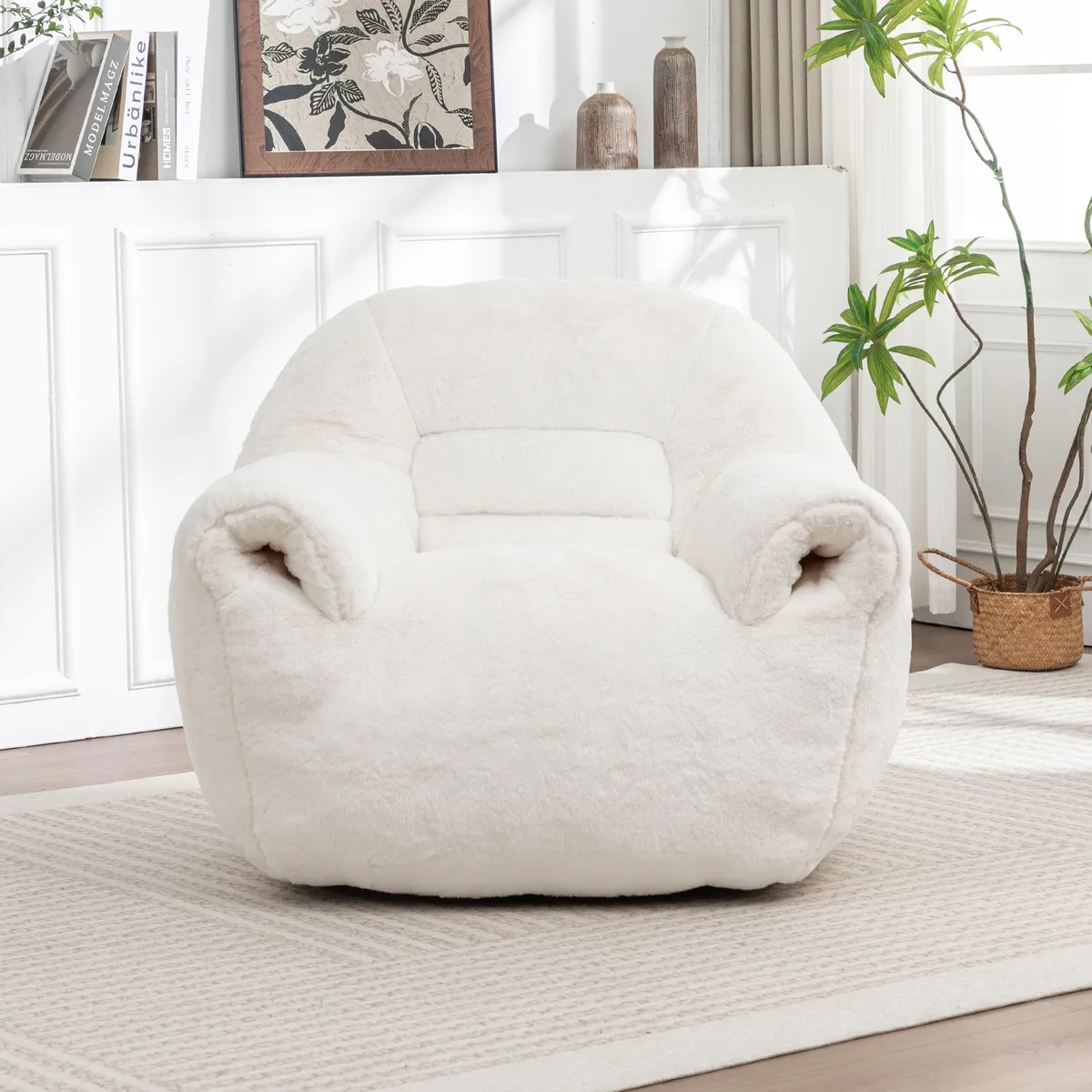 White faux-fur bean bag sofa with supportive backrest