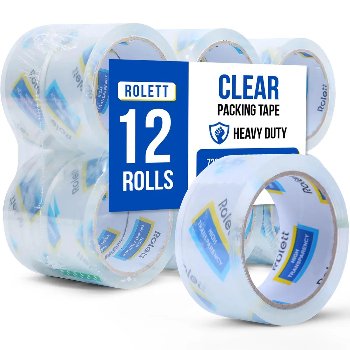 Twelve rolls of clear packing tape on white cores 1.88 x 60 yd