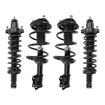 Four Unity strut assemblies, silver metal with black springs, preassembled for 2002-2007 Mitsubishi Lancer