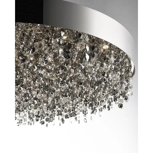 Polished chrome pendant with 22 crystal strands inside 30 inch steel drum