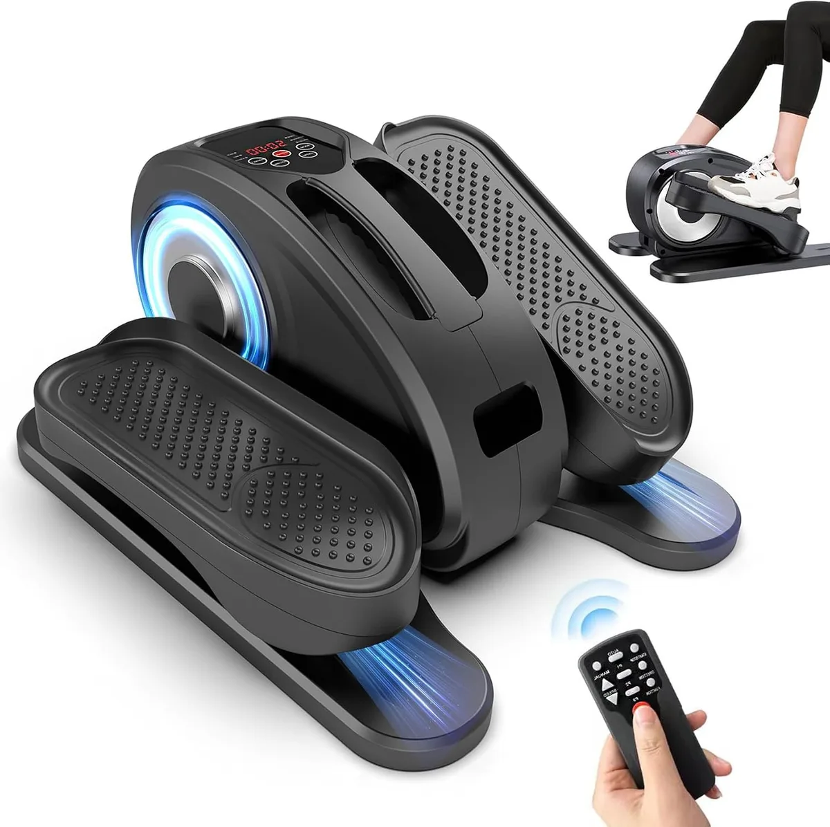 Compact under-desk elliptical with remote control, 39 cm long, dark grey finish