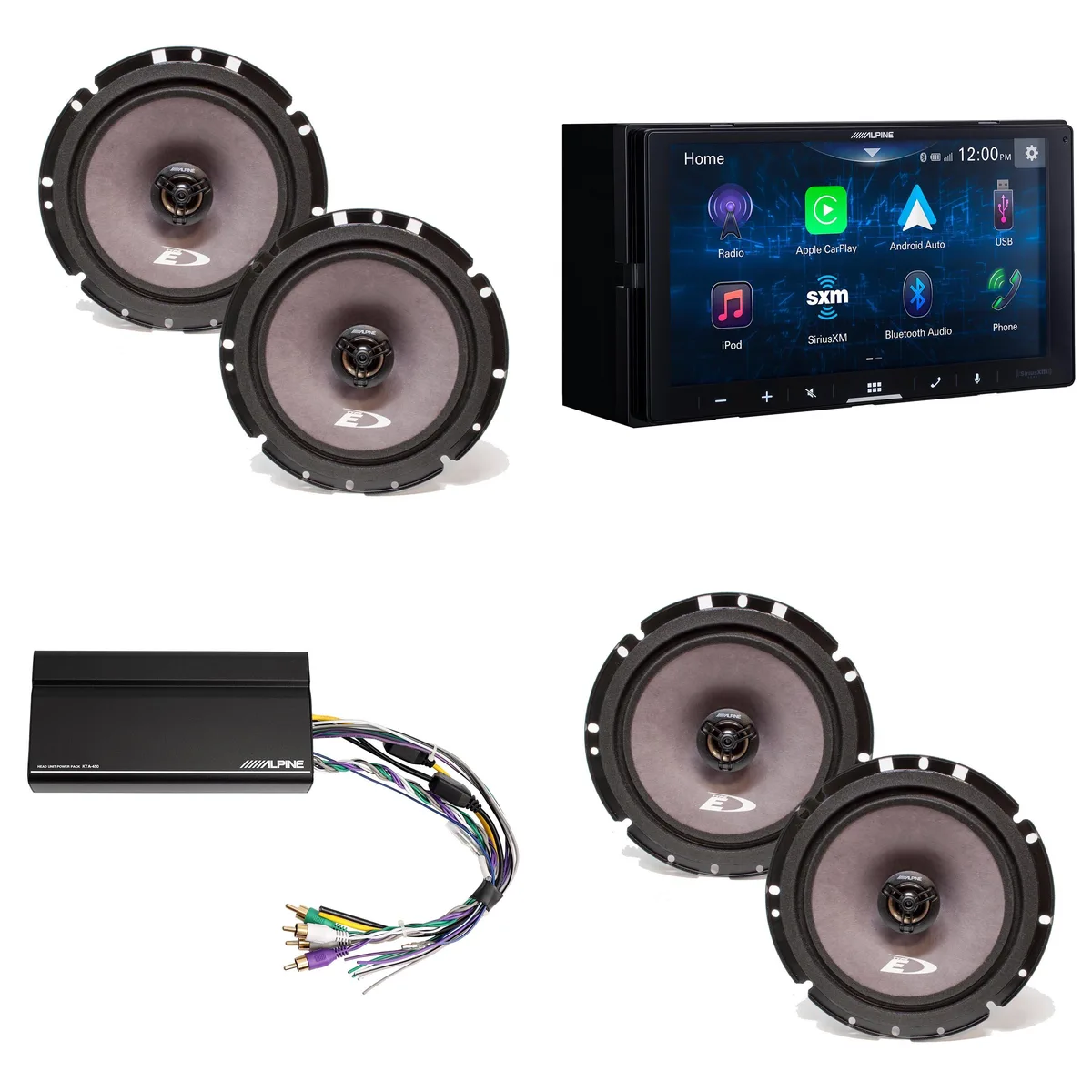 Alpine Alpine iLX-W670-S bundle: receiver, 2× SXE-1726S 6.5" coax speakers, KTA-450 4-channel power pack amplifier — product photo