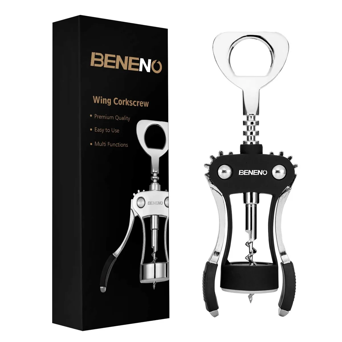 Black zinc-alloy wing corkscrew with built-in bottle opener