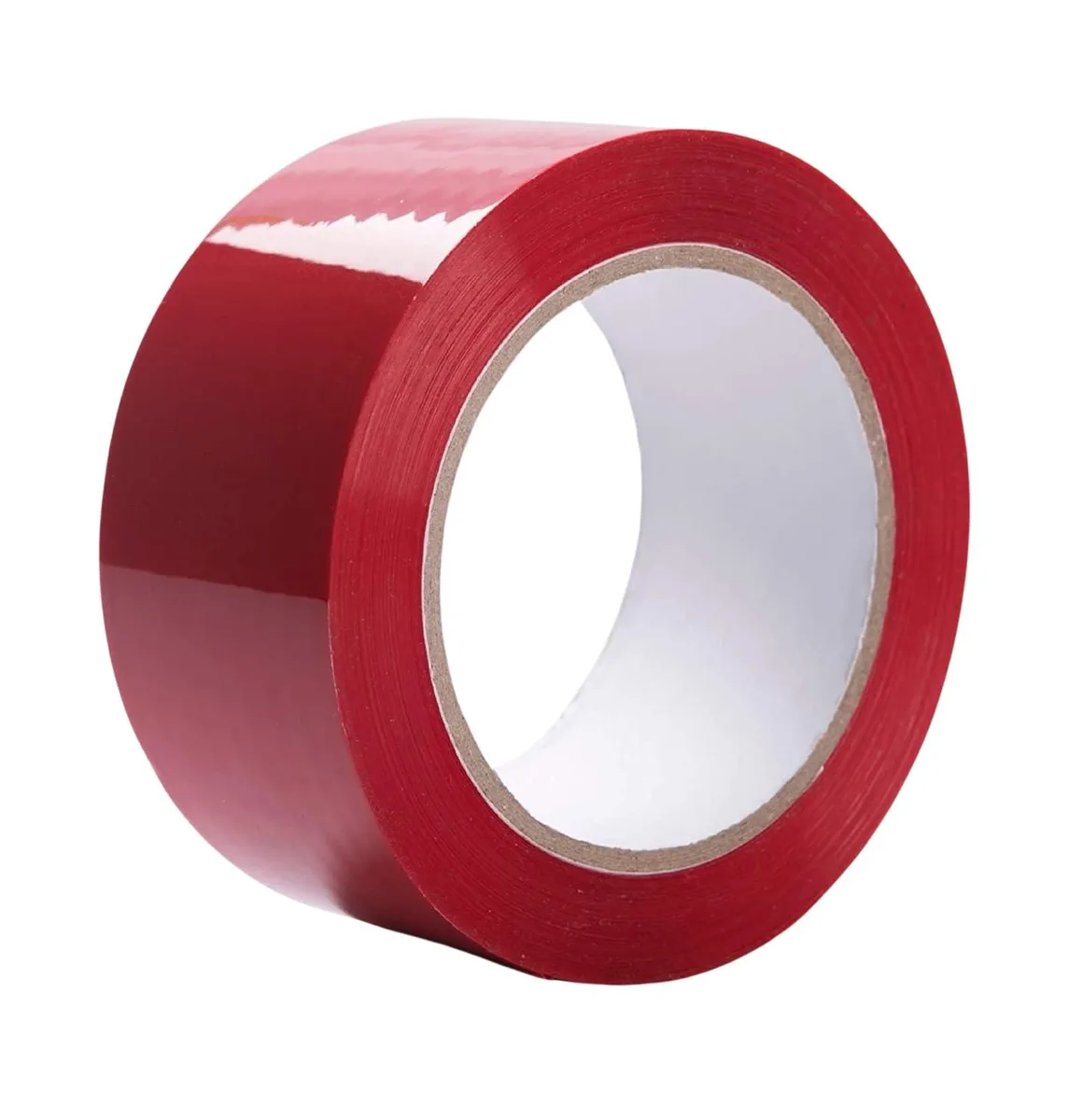 A roll of red packing tape on a dispenser core