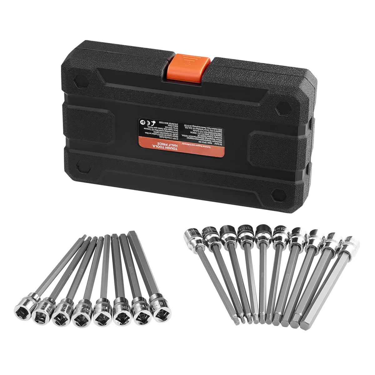 Black case holding eighteen hex bit sockets in metric and SAE sizes
