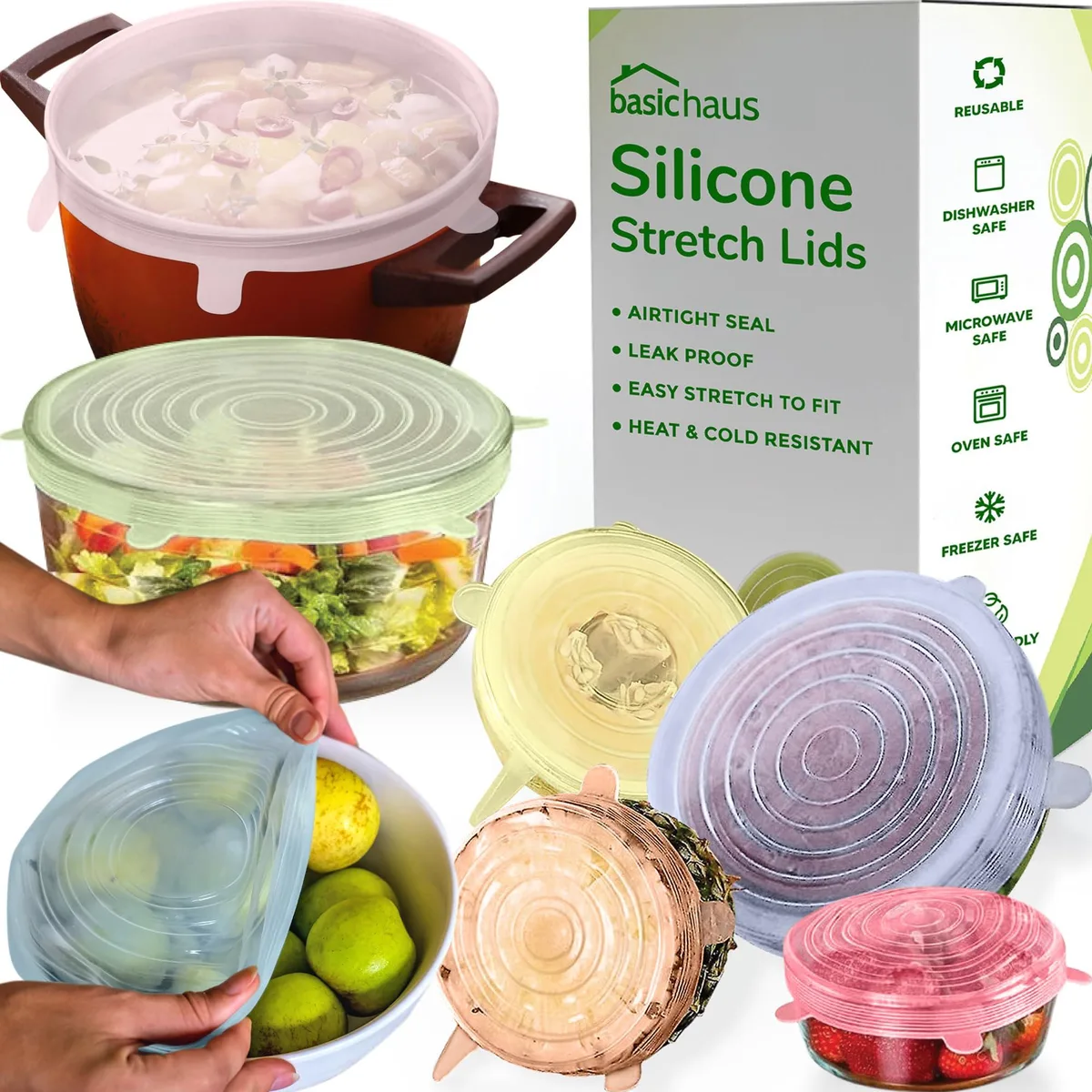 Seven colorful silicone stretch lids in a stack, round and flexible with smooth matte finish