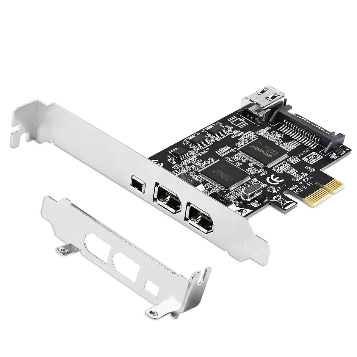 Green PCB card with four FireWire ports, full-height and low-profile brackets included