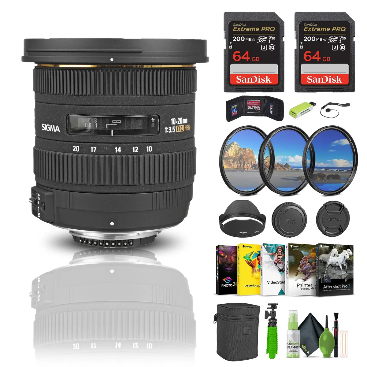 SIGMA Sigma 10-20mm f/3.5 EX DC HSM Nikon F Bundle 2x 64GB 82mm Filter Kit — product photo