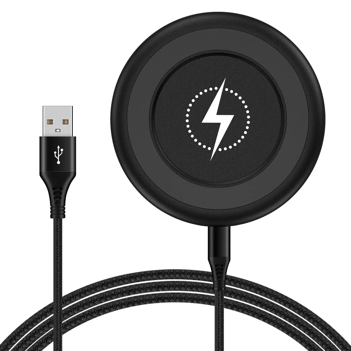 Flat circular charging pad with matte finish and included USB-C cable